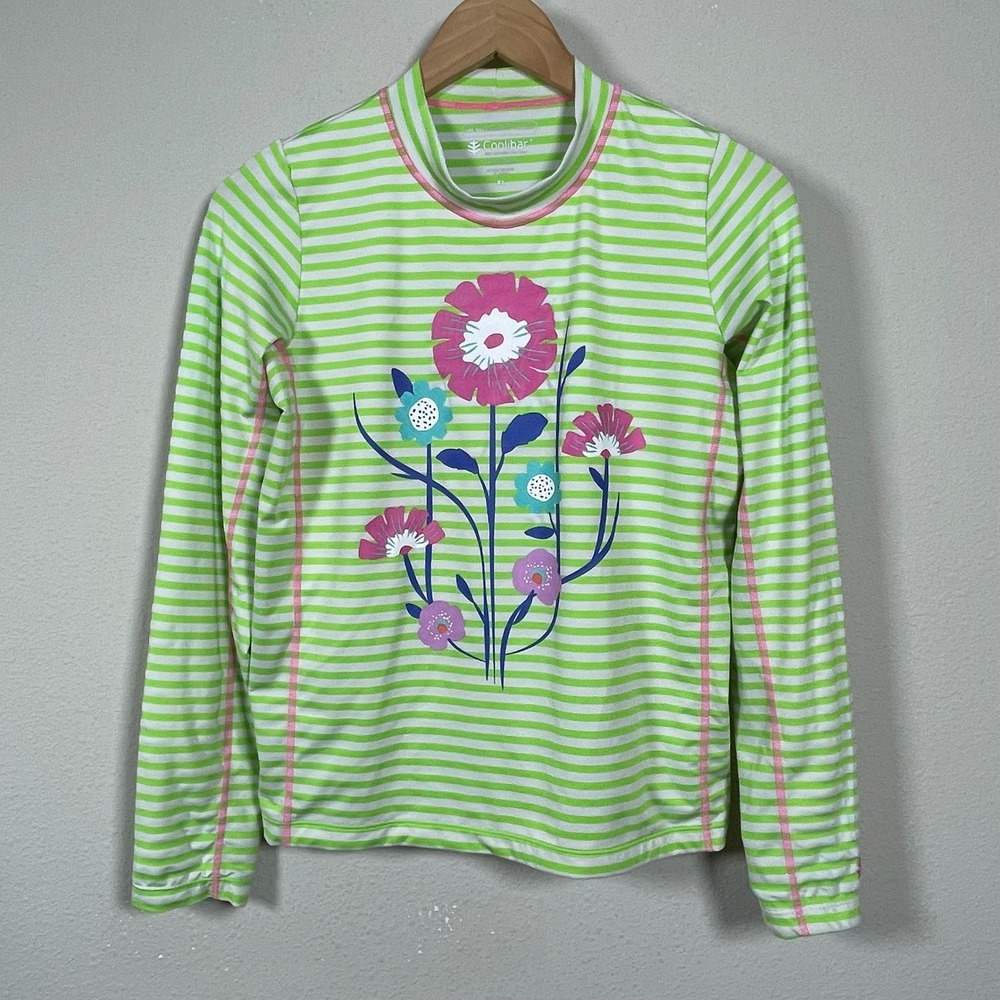 Coolibar Surf Shirt Women XL Green Striped Floral UPF 50+ Coastal Rash Guard